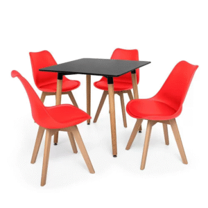 Dining Suites/Sets - Square Dining Table with Four Padded Red Chairs - Red, Black