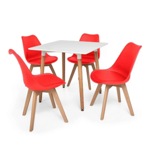 Dining Suites/Sets - Square Dining Table with Four Padded Red Chairs - Red, White