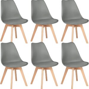 Dining Chair Set - Six Pack - Soft Padded Shell Chair with Wood Legs - Grey
