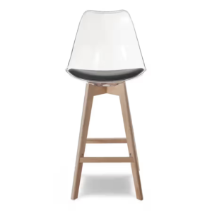 Modern Transparent High Bar Stool with Black Padded Seat & Solid Wooden Legs